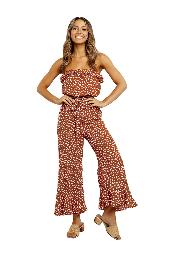Women Sexy Tube Top Jumpsuit Off Shoulder Floral Print Wide Leg Chiffon Romper, Red, X-Large