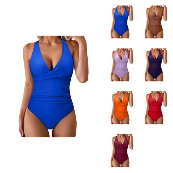 Women Sexy Tummy Control One Piece Swimsuit with Push Up Halter Neck Bathing Suit