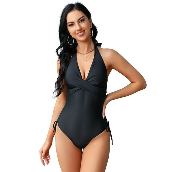 Women Sexy Tummy Control One Piece Swimsuits Halter Bathing Suits  Ruched Drawstring Push Up Monokini