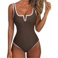 thumbnail image 1 of Women Sexy Tummy Control One Piece Swimsuits V Wired Slimming Bathing Suit Color Block Printed Swimwear Coffee L, 1 of 6