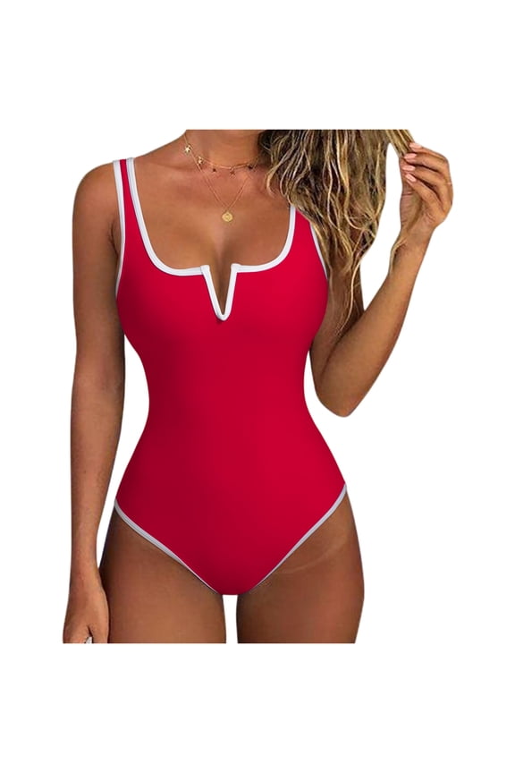 Women Sexy Tummy Control One Piece Swimsuits V Wired Slimming Bathing Suit Color Block Printed Swimwear Red XL