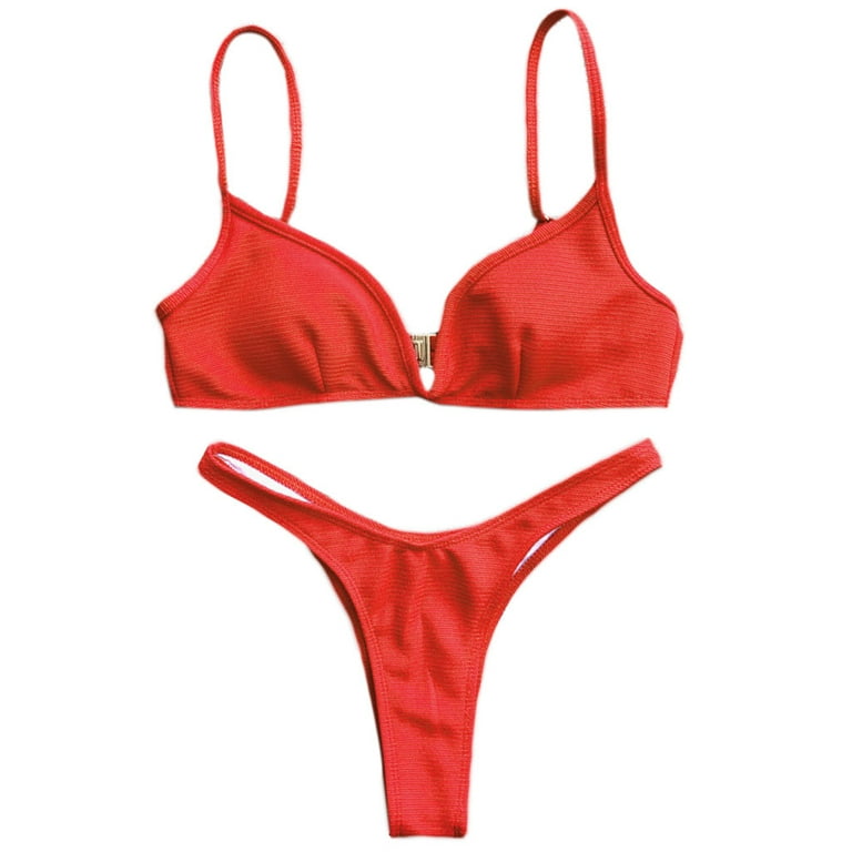 Women Sexy Two Piece Bikini Set Solid Color Push-Up V-Neck