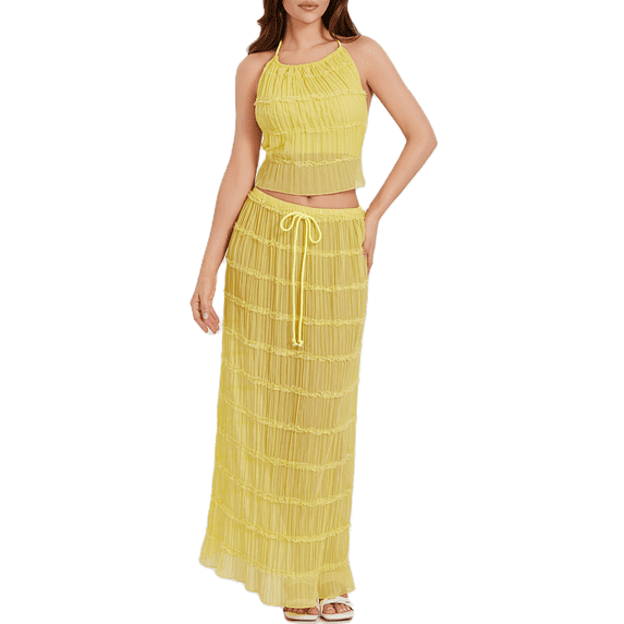 Women Sexy Two Piece Outfits Long Skirt Set Y2k Fairy Ruched Sleeveless Halter Crop Cami Tops and Maxi Skirt Summer Beachwear