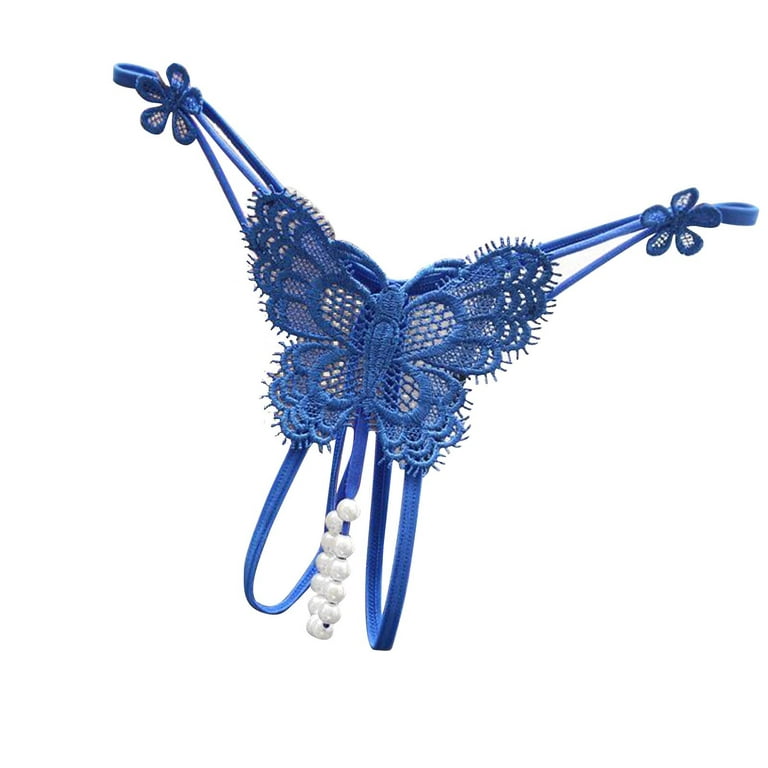 Women Sexy Underwear Pendant Pearl Beads Embellished Lace Butterfly  G-String Thong Underpants 