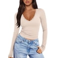 thumbnail image 1 of Women Sexy V Neck Lace Long Sleeve Shirts Basic Fitted Double Lined Going Out Y2K Trendy Fall Tops Beige S, 1 of 6