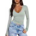 thumbnail image 1 of Women Sexy V Neck Lace Long Sleeve Shirts Basic Fitted Double Lined Going Out Y2K Trendy Fall Tops Light Green M, 1 of 6