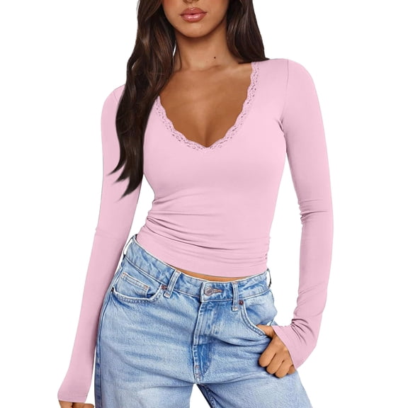 Women Sexy V Neck Lace Long Sleeve Shirts Basic Fitted Double Lined Going Out Y2K Trendy Fall Tops Pink XL