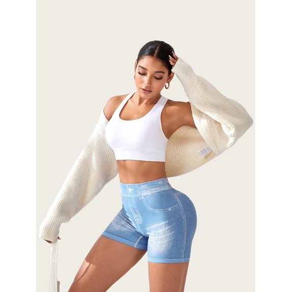 Women Sexy V Waist Denim Print Biker Shorts Back Ruched Butt Lifting Stretch High Waist Yoga Workout Athletic Shorts