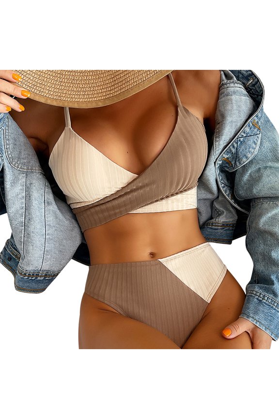 Women Sexy Wrap Bikini Swwimsuit Sets Criss-Cross Color Block Tie Back Top Cutout Thong Bathing Suit 2 Piece