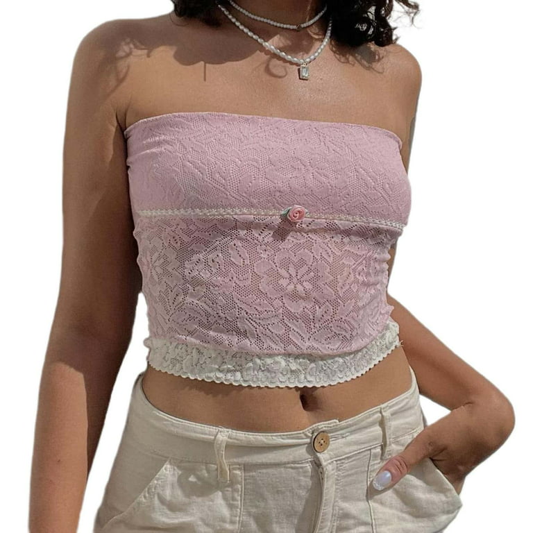 Women Sexy Y2k Tube Top Off Shoulder Strapless Lace Patchwork Mesh Bandeau  Crop Top Fairy 90s Streetwear