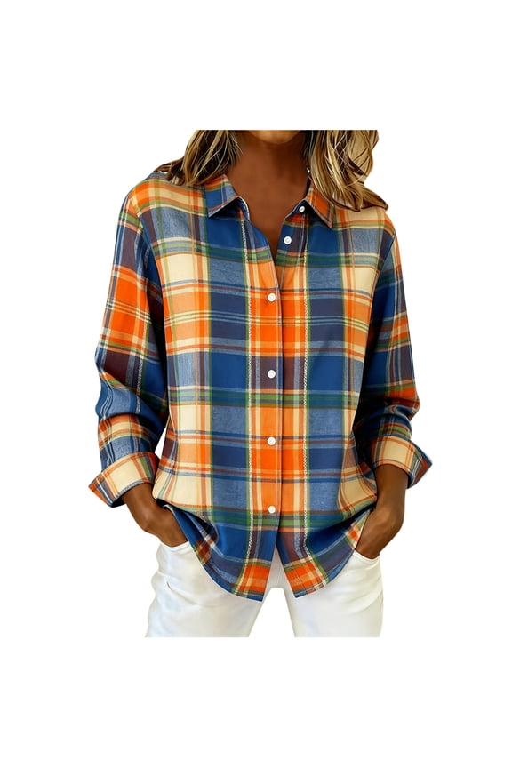 Women Shacket Coat 2025 Fall Outfits, Plaid Shirts Tees, Dressy Classic Tops, Long Sleeve Clothing Button Down Tees Lapel V Neck Clothes Fashion Tops(Orange,XL)