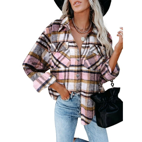 Women Shacket Jacket Long Sleeve Button Down Casual Plaid Flannel Shirts Loose
