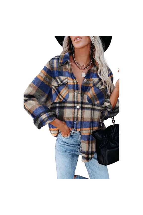 Women Shacket Jacket Long Sleeve Button Down Casual Plaid Flannel Shirts Loose