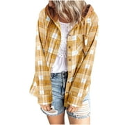 yoeyez Women Shacket Jacket Trendy Long Sleeve Plaid Shirts Flannel Button Down Outerwear Tartan Trench Coats with Hooded