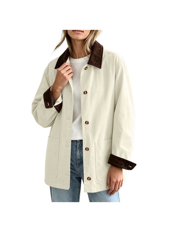 Women Shacket Lapel Collar Long Sleeve Button Shirt Jacket,Lightweight Loose Daily Casual Comfy Wear with Pocket,Mid-Length Outwear,Beige,XXL