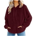 thumbnail image 1 of Women Shaggy Fuzzy Hoodie with Pocket Drawstring Plush Sherpa Hooded Sweatshirts Loose Warm Sweater Pullovers (Large, Wine), 1 of 5