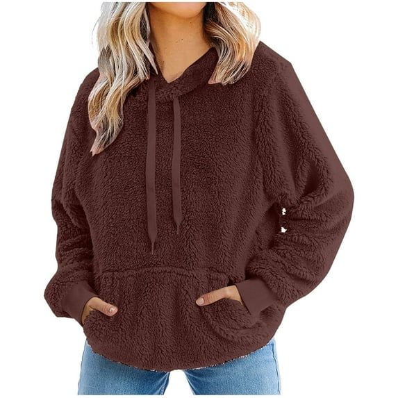 Women Shaggy Fuzzy Hoodie with Pocket Drawstring Plush Sherpa Hooded Sweatshirts Loose Warm Sweater Pullovers (Small, Coffee)
