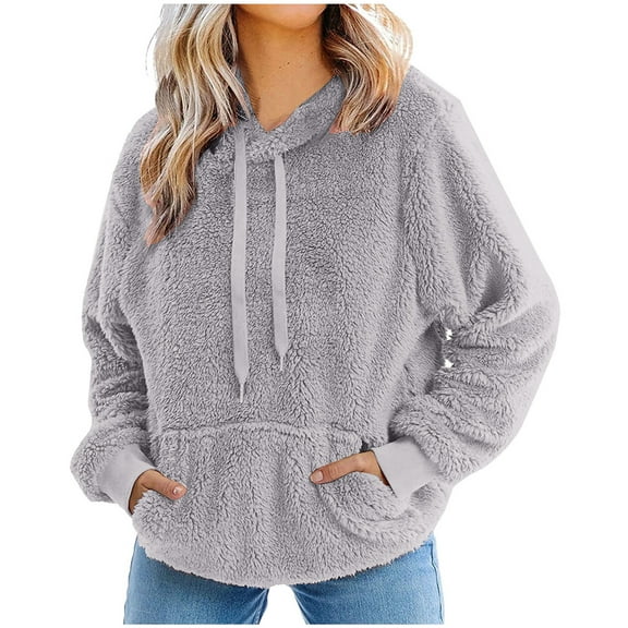 Women Shaggy Fuzzy Hoodie with Pocket Drawstring Plush Sherpa Hooded Sweatshirts Loose Warm Sweater Pullovers (Small, Gray)
