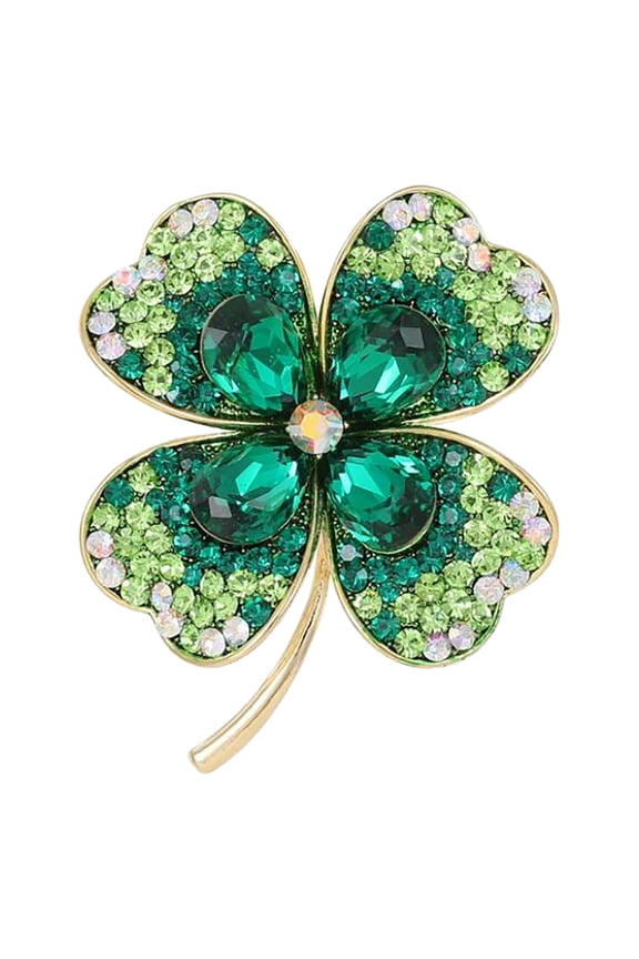 Women Shamrock Brooch Green Metal Lucky Clovers Pin Irish Souvenir Jewelry Decorative Crystal Lapel Pin for Jackets Clothing Bags