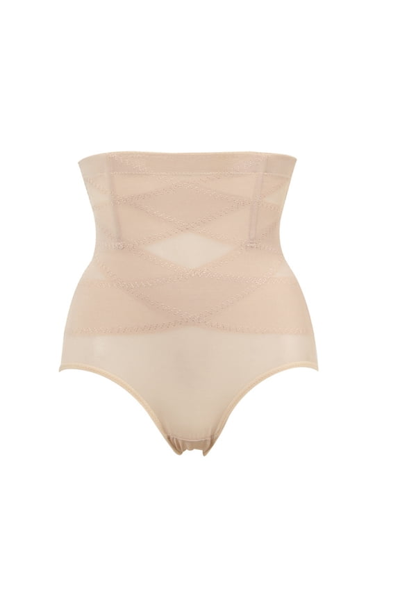 Women Shaping Brief High-waist Cross Compression See Through Breathable Holes Underwear Panties for Home,Skin Color 3XL