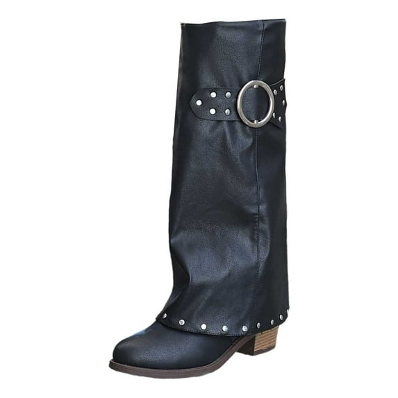 Women Shark Boots Fold Over Mid Calf Chunky Heel Snip Toe Cowboy Cowgirl Pull On Studded Boots for Women,Color:Black,Size:6.5