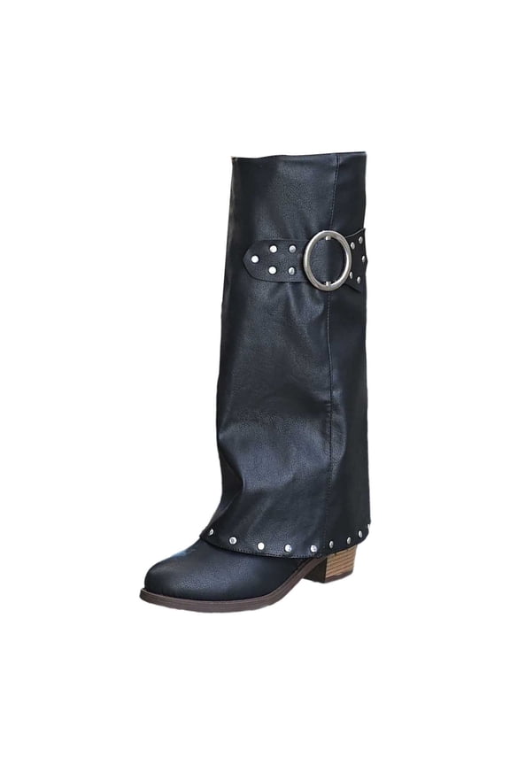 Women Shark Boots Fold Over Mid Calf Chunky Heel Snip Toe Cowboy Cowgirl Pull On Studded Boots for Women,Color:Black,Size:7