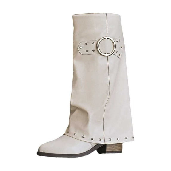 Women Shark Boots Fold Over Mid Calf Chunky Heel Snip Toe Cowboy Cowgirl Pull On Studded Boots for Women,Color:White,Size:7