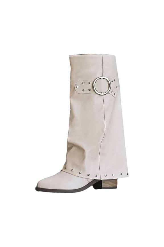 Women Shark Boots Fold Over Mid Calf Chunky Heel Snip Toe Cowboy Cowgirl Pull On Studded Boots for Women,Color:White,Size:7