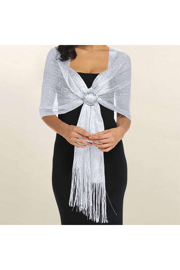 Women Shawls and Wraps, Thread Shawl, Open Knit Wedding Shawl, Bride Bridesmaid Evening Wrap, Sparkling Party Shawl, 74x17 Inch Fringe Scarf, Special Occasion Accessory - White