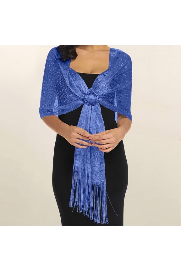 Women Shawls and Wraps, Thread Shawl, Open Knit Wedding Shawl, Bride Bridesmaid Evening Wrap, Sparkling Party Shawl, 74x17 Inch Fringe Scarf, Special Occasion Accessory - Blue