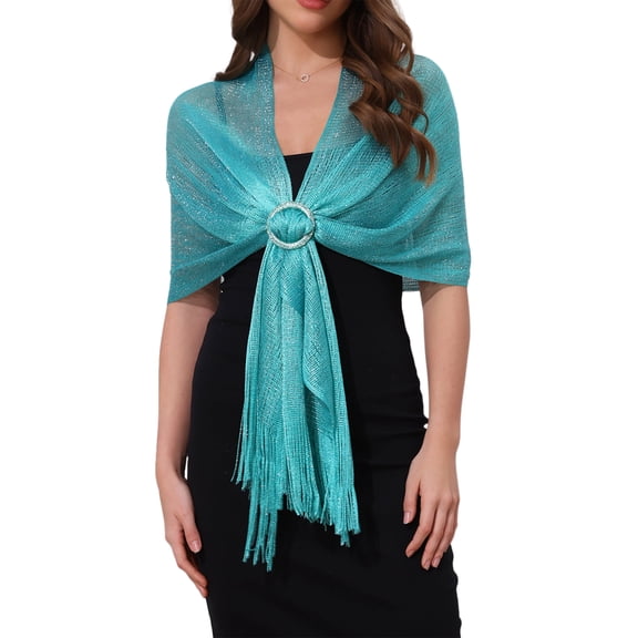 Women Shawls and Wraps for Evening Dresses, Bling Sparkly Shiny Shimmer Dressy with Buckle 74.8x17.7"(LxW) Aquamarine Green(Silver)