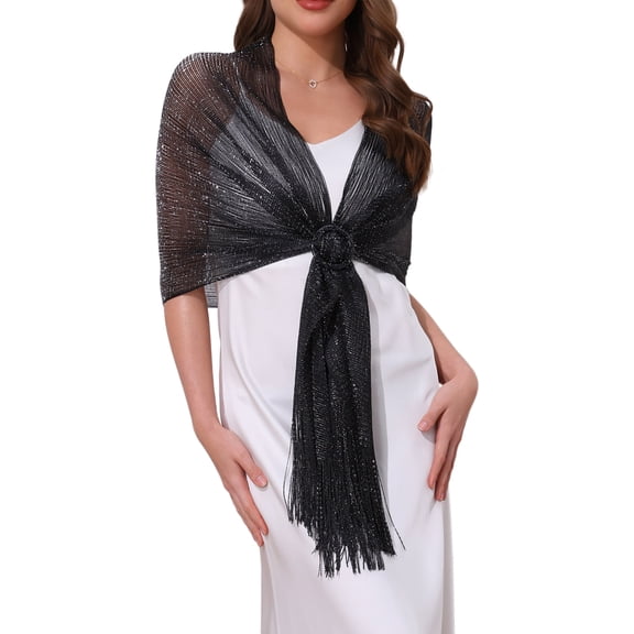 Women Shawls and Wraps for Evening Dresses, Bling Sparkly Shiny Shimmer Dressy with Buckle 74.8x17.7"(LxW) Black(Black)