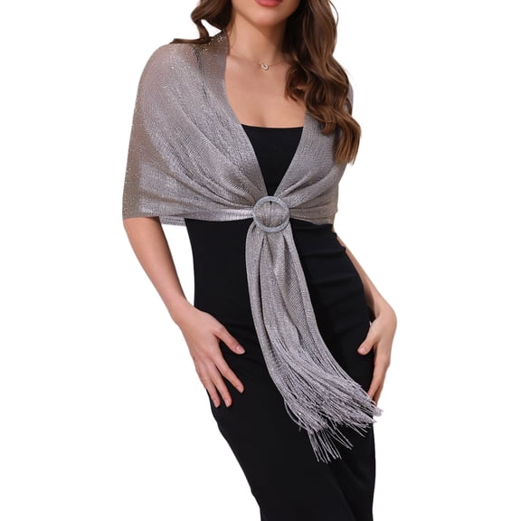Women Shawls and Wraps for Evening Dresses, Bling Sparkly Shiny Shimmer Dressy with Buckle 74.8x17.7"(LxW) Dark Gray(Gold)