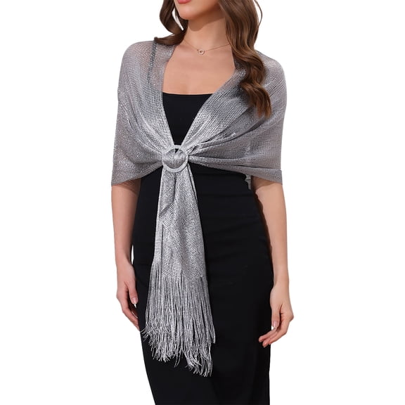 Women Shawls and Wraps for Evening Dresses, Bling Sparkly Shiny Shimmer Dressy with Buckle 74.8x17.7"(LxW) Dark Gray(Silver)