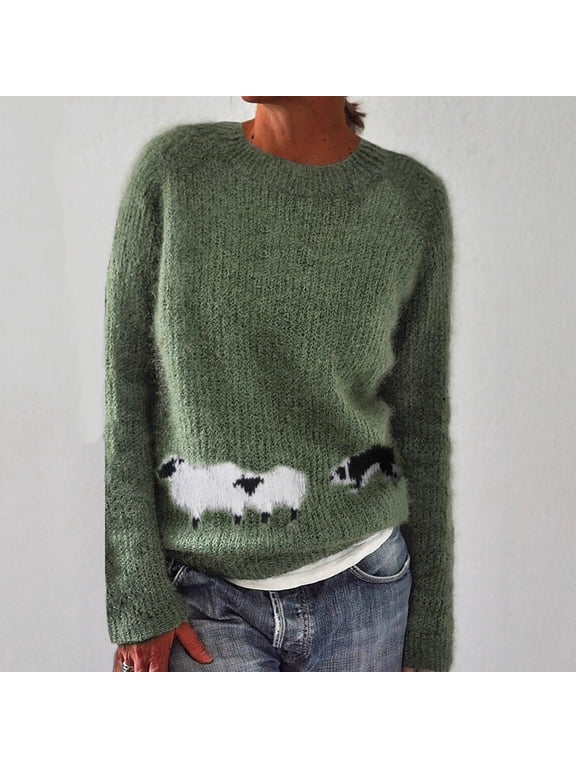 Women Sheep Fair Isle Nordic Knit Pullover Sweater, Crew Neck Animal Jacquard Long Sleeve Vintage Fall‑Winter Casual Top Multi‑Color
