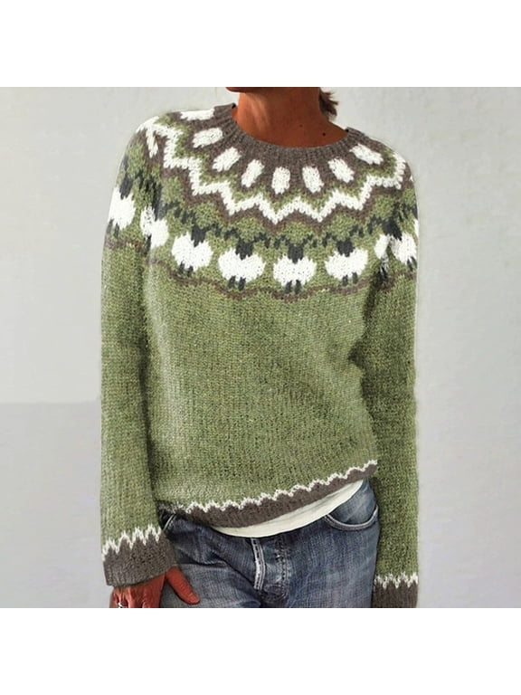 Women Sheep Fair Isle Nordic Knit Pullover Sweater, Crew Neck Animal Jacquard Long Sleeve Vintage Fall‑Winter Casual Top Multi‑Color