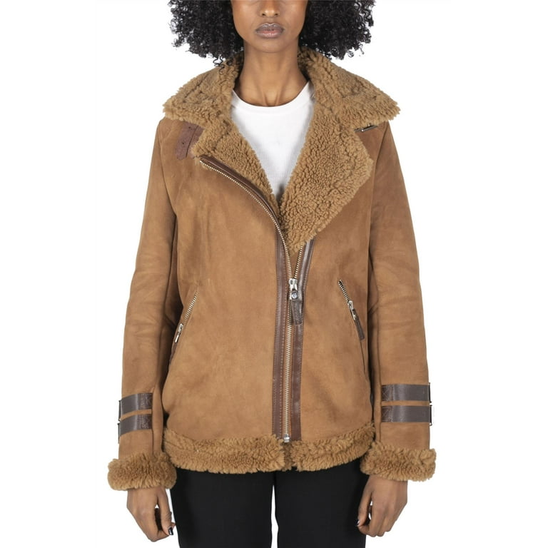 Womens Genuine Sheepskin Leather Cross Zip Flying Aviator Jacket Camel Brown Fur Camel Large