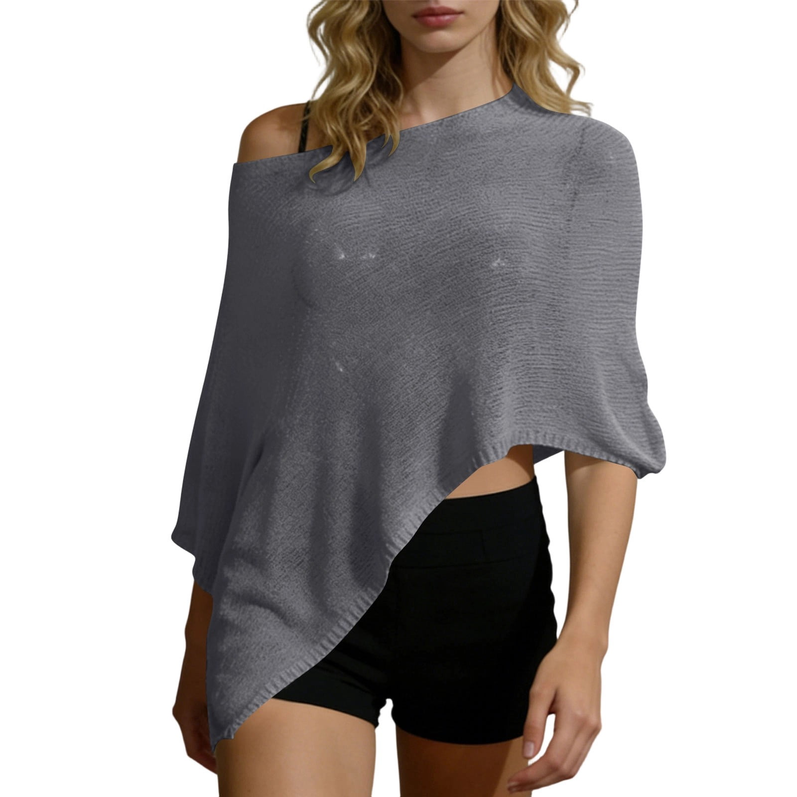 Women Sheer Asymmetrical Tops UV Protection Crochet Knit Shawl