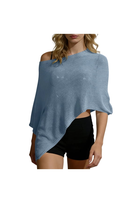 Women Sheer Asymmetrical Tops UV Protection Crochet Knit Shawl Lightweight Hollow Out Pullover Bolero Coverup
