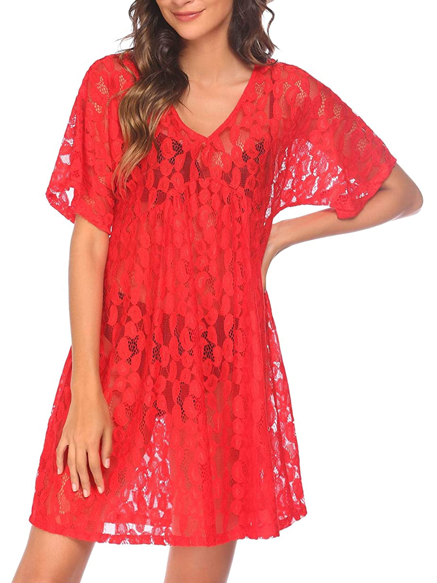Women Sheer Beach Dress Solid Color VNeck Short Sleeve Bikini Coverups
