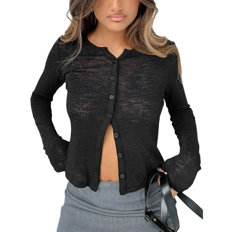 Women Sheer Button Down Cardigan Casual Long Sleeve Slim Fit Crop Tops Y2k  Vintage Streetwear