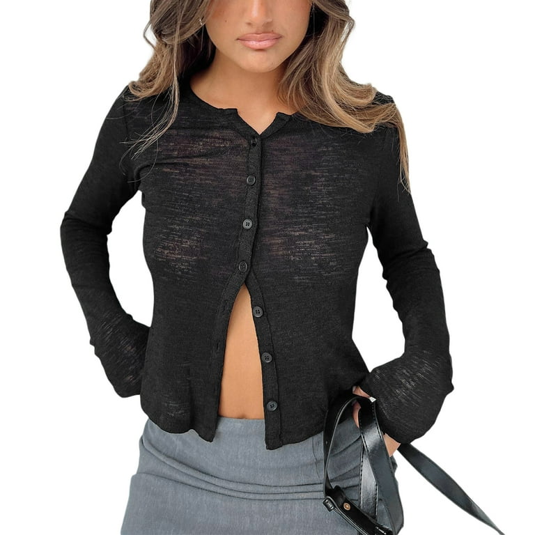 Women Sheer Button Up Blouse Crochet Top Y2k Sexy Collared
