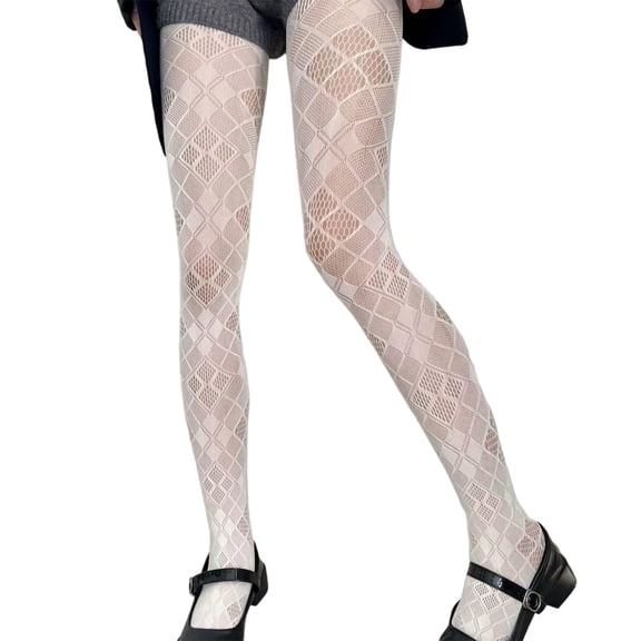 Women Sheer Checkered Lace Tights Vintage 90s Pantyhose Hollowout Mesh Stockings Leggings