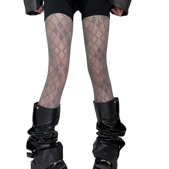Women Sheer Checkered Lace Tights Vintage 90s Pantyhose Hollowout Mesh Stockings Leggings