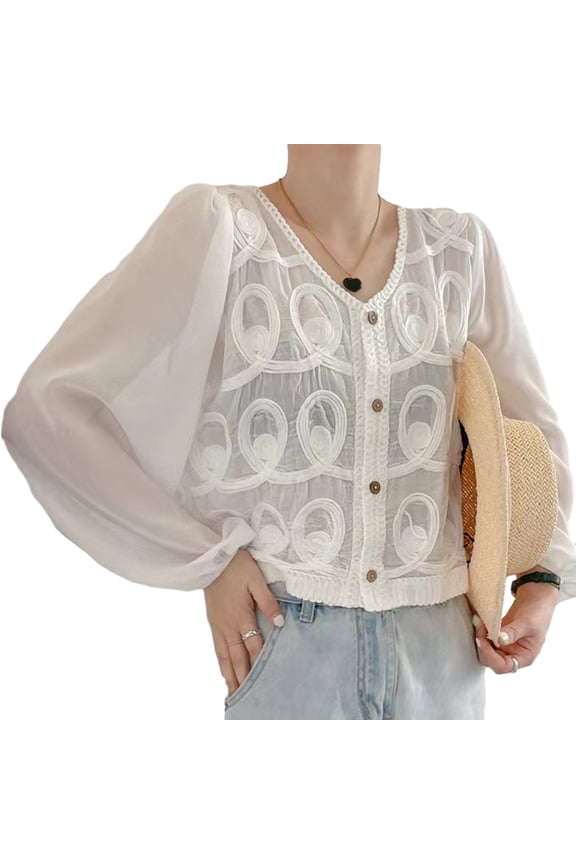 Women Sheer Chiffon Puff Long Sleeve Blouses Cardigan Hollow Out Crochet Lace Patchwork V-Neck Button Down Crop Top