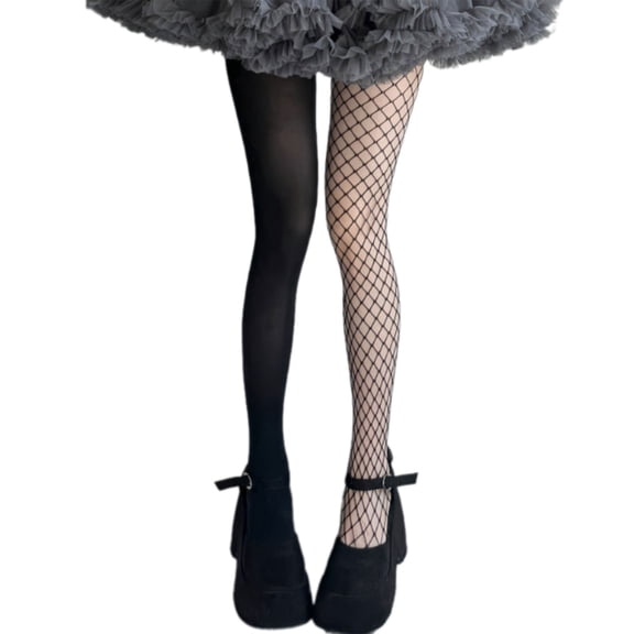 Women Sheer Fishnets and Velvets Pantyhose Aesthetic Color Blocked Asymmetrical Tights Bottoming Leggings Stockings