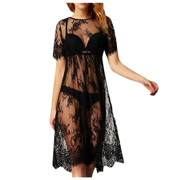 Women Sheer Floral Lace Embroidered Crochet Bikini Cover Up Beach Dress Sundress with Pockets Long Wrap Dress