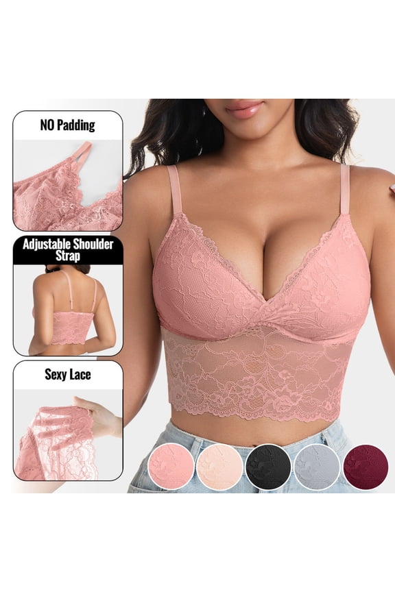 Women Sheer Lace Deep V Camisole Bralette, Cropped Open Back Spaghetti Strap See-Through Mesh Layering Tank Top Wearable Outside Pink XL(XL)