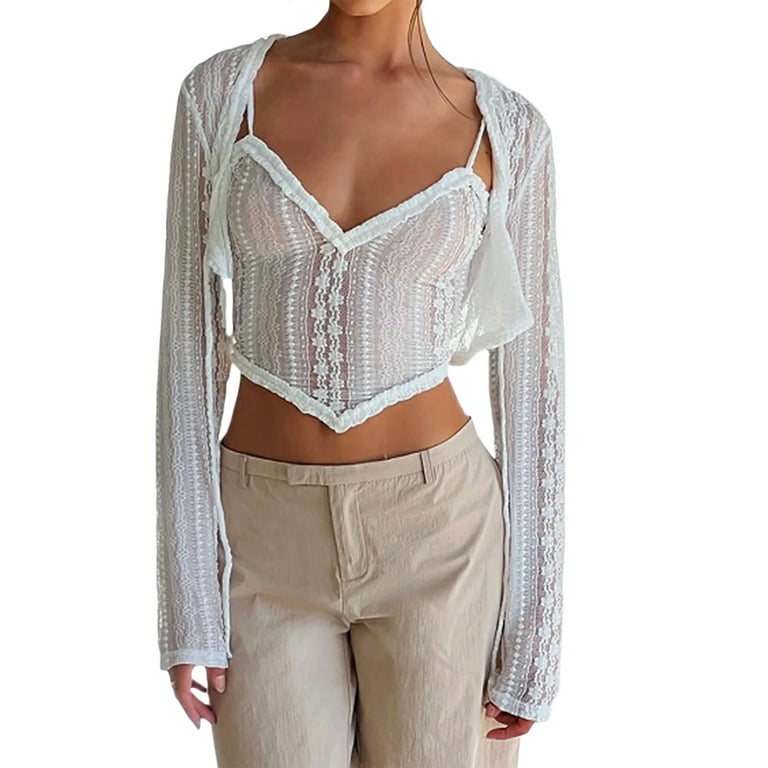 Sheer lace top - White - Ladies