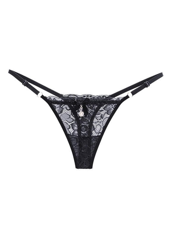 Women Sheer Lace Thong with Adjustable Waist Bow Mesh Seamless Panties for Women Comfortable Fit and Black One Size